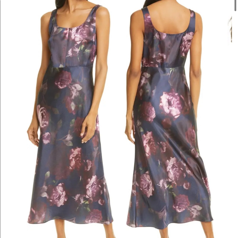 VINCE NIGHT GARDEN SQUARE NECK SATIN SLIPDRESS